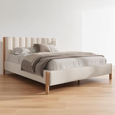 Queen/King Size Boucle Upholstered Platform Bed Frame with Solid Wood Legs and Padded Headboard, White