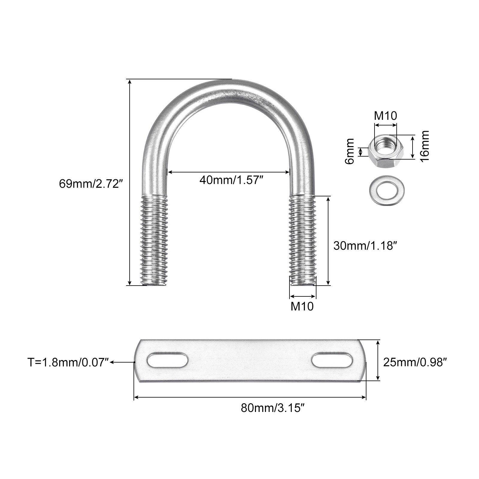 Round U-Bolts, 304 Stainless Steel U Clamp Bolt with Nuts Washers and Plates for Boat Trailer