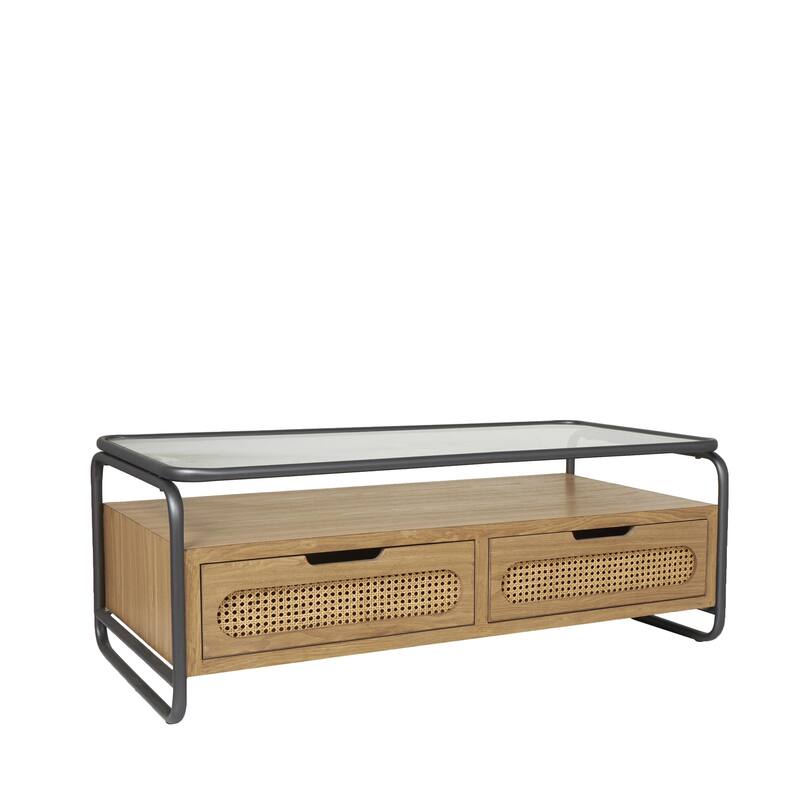 Wooden 3 Door Console or 1 Shelf Coffee Table with 2 Cane Front Drawers and Gray Metal Frame - Brown - Roche River Decor - Brown - 47"W,18"H