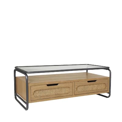 Wooden 3 Door Console or 1 Shelf Coffee Table with 2 Cane Front Drawers and Gray Metal Frame - Brown - Roche River Decor