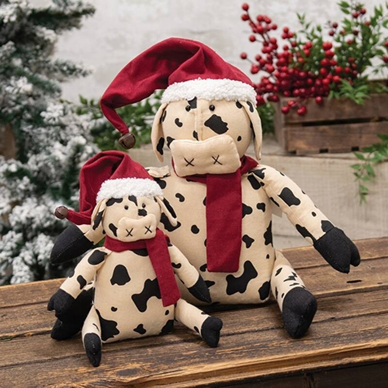 Stuffed Baby Cow Doll with Santa Hat and Scarf Christmas Decor - 3.50” x 2” x 6.50”