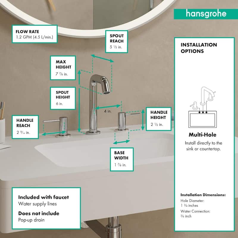 Hansgrohe 73332 Tecturis S 1.2 GPM Widespread Bathroom Faucet