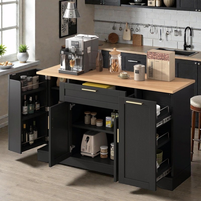 Multi-Functional Storage Sideboard & Extendable Dining Table with Adjustable Shelves, 3-Tier Pull-Out Rack