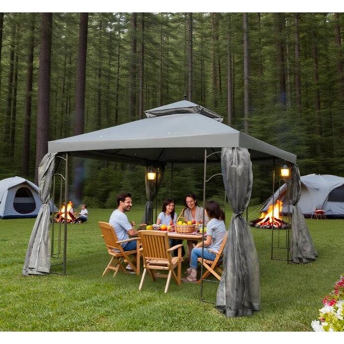 Double Roof Outdoor Gazebo with Corner Shelves and Protective Mesh Netting