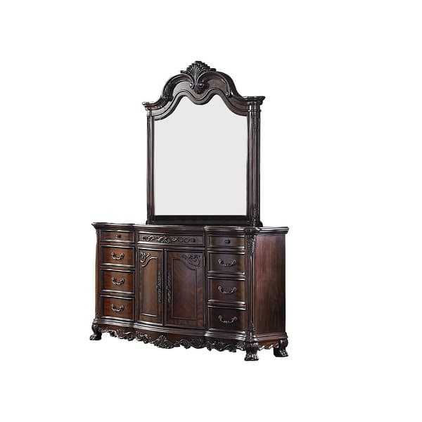 Traditional Style Wooden Dresser Mirror with Engraved Details, Cherry
