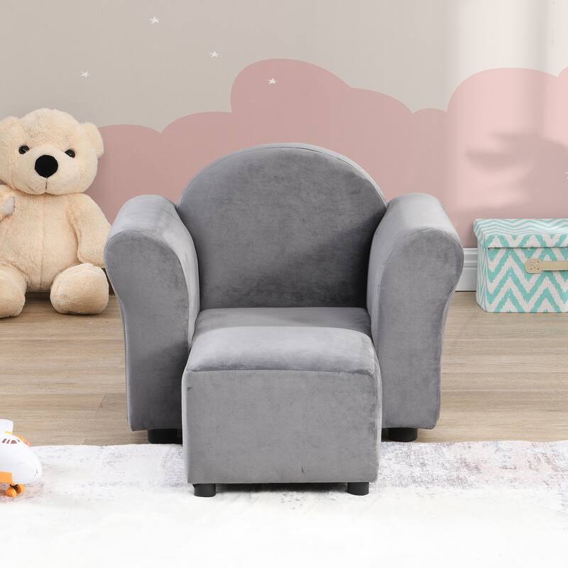 Anmytek Gray Velvet Kids Armchair Ottoman Set Toddler Chair Playroom Nursery Decor - 22.4 in. W X 16.1 in. D X 17.7 in. H