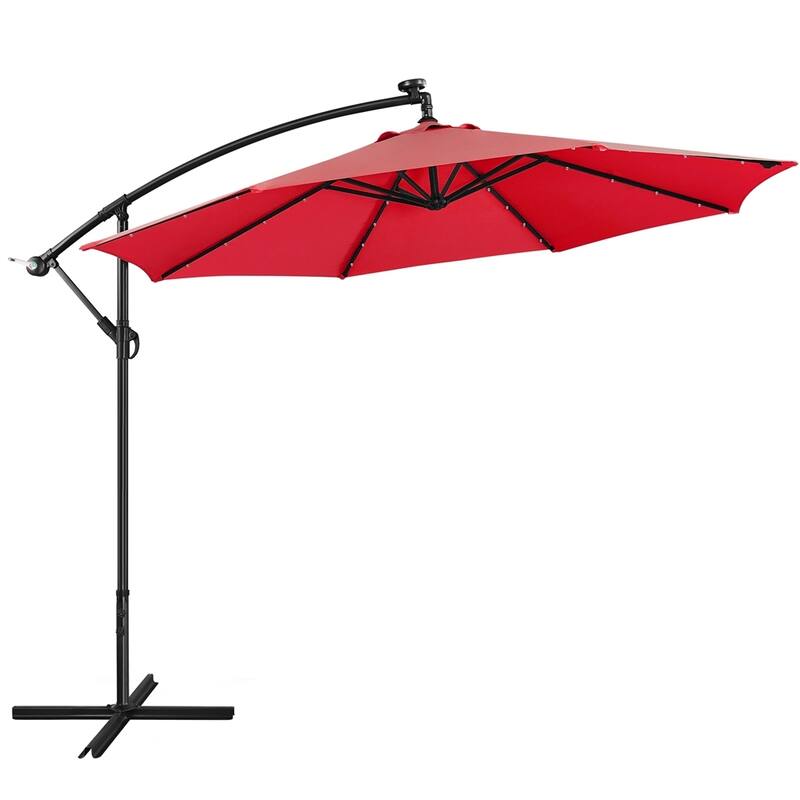 Yaheetech 10Ft Patio Offset Umbrella with 32 LED Lights Outdoor Hanging Cantilever Umbrella - Red