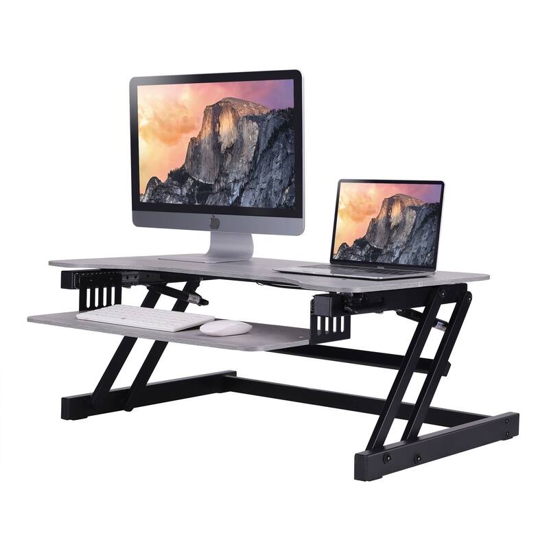 Rocelco 37.5 in. W Gray Height Adjustable Standing Desk Converter Keyboard Tray Double Monitor Riser Computer Workstation