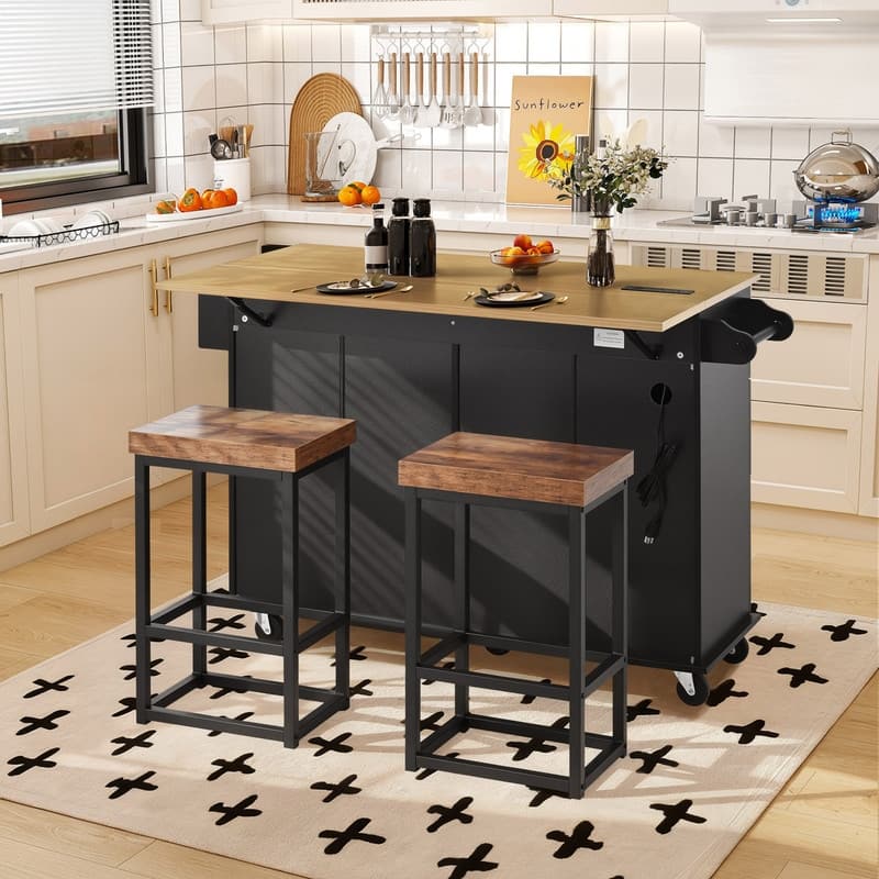 50.3" Farmhouse Kitchen Island with Drop Leaf Tabletop and 2 Dining Stools, Kitchen Cart Set with Storage and Power Outlet
