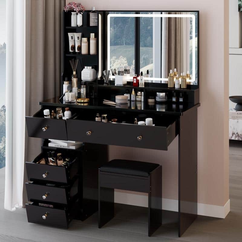 Vanity Dresser with Mirror and Stool Set Storage Drawers Luxury Furniture