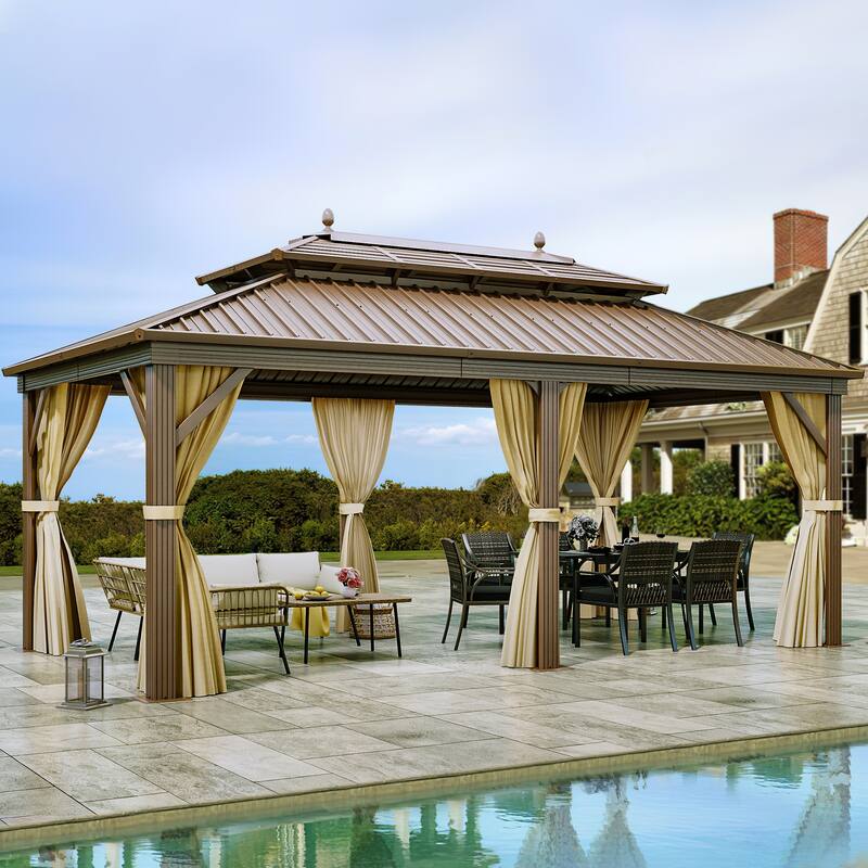 Outdoor Aluminum Hardtop Gazebo With Nettings And Curtains