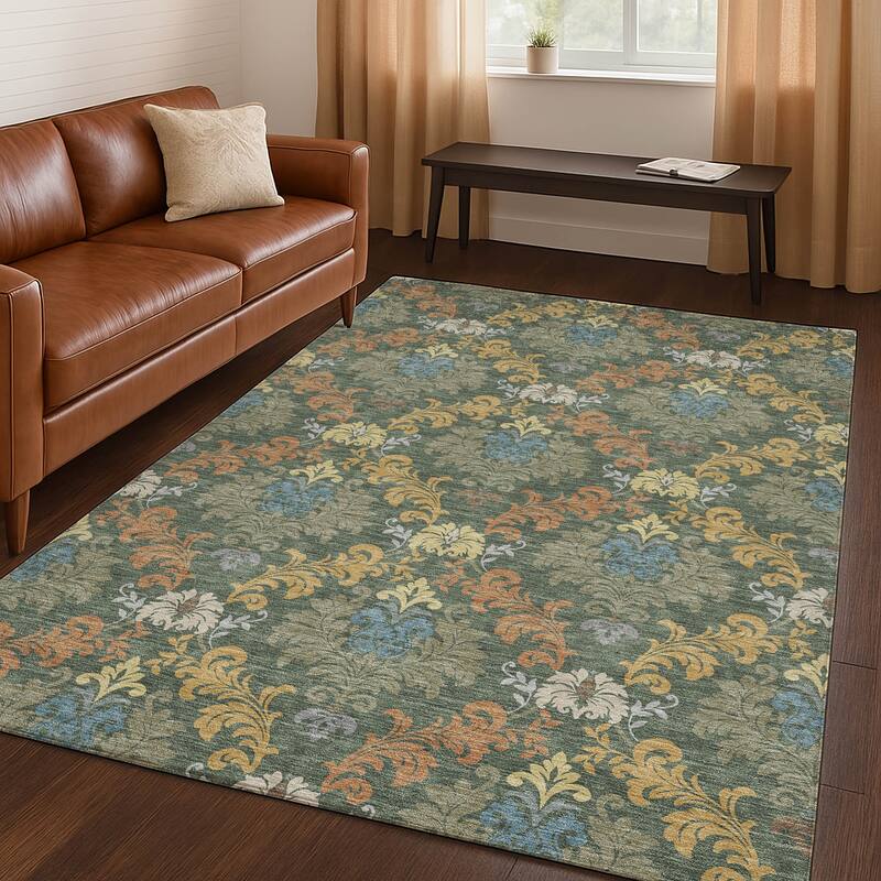 Machine Washable Indoor/ Outdoor Damask Patna Chantille Rug