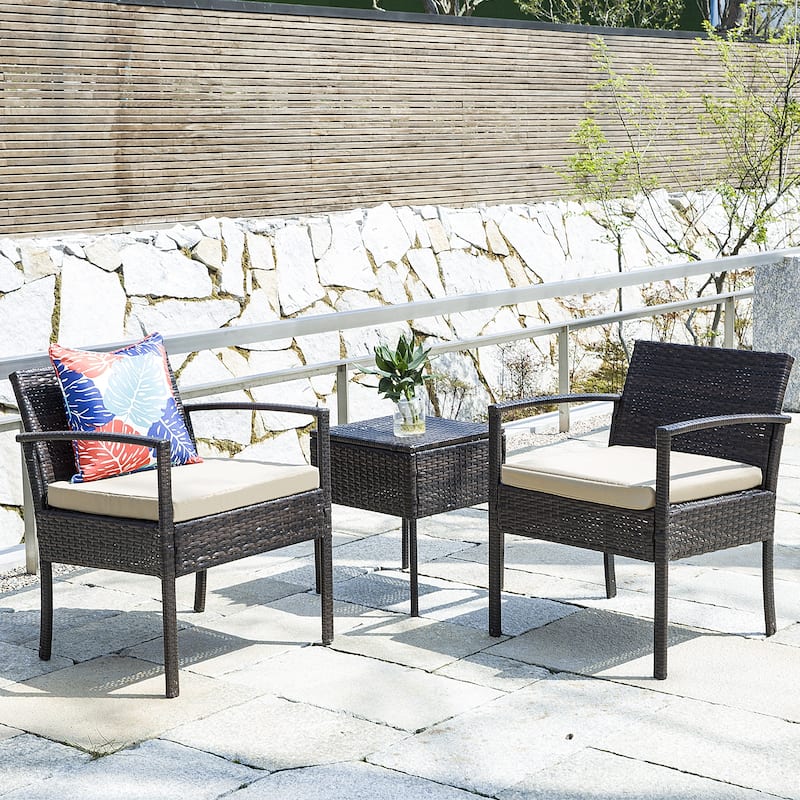 Outdoor Wicker Chat Set, Cushioned chairs & Coffee Table
