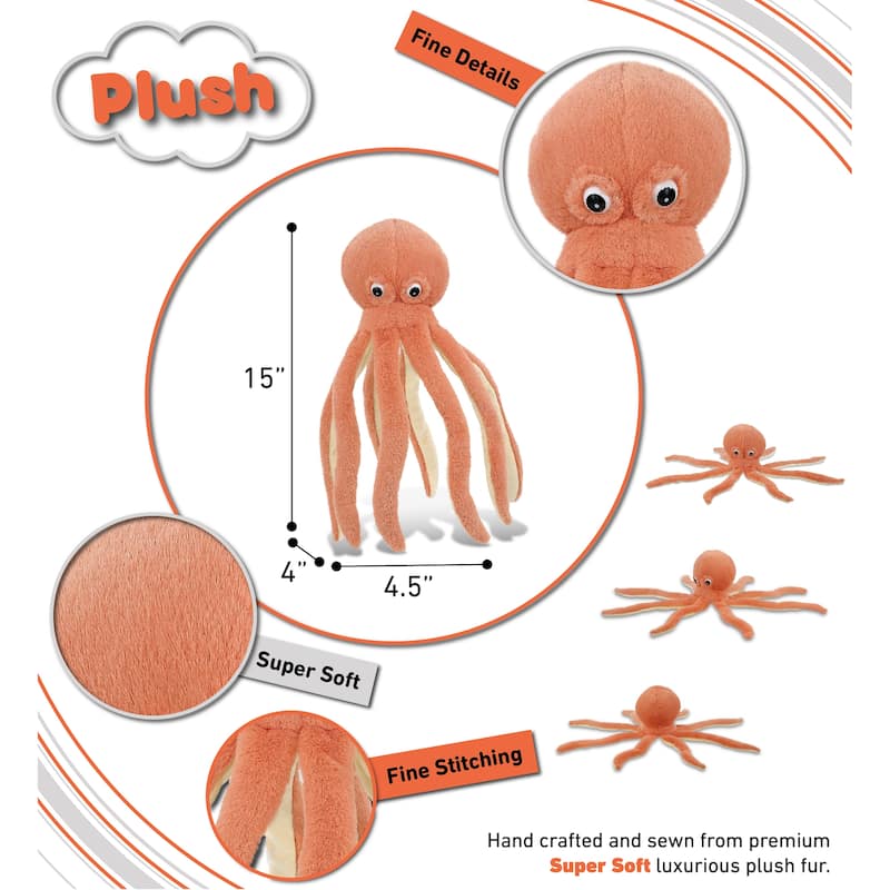 DolliBu Orange Octopus Super Soft Stuffed Animal for Kids and Adults - 15 inches
