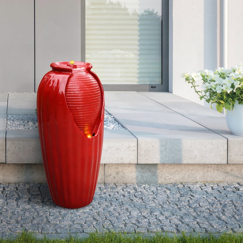 Teamson Home 32" Glazed Vase Outdoor Floor Fountain with LED Lights