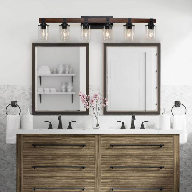 42" Rustic 6-Light Vanity Light, Industrial Bathroom Wall Sconce with Glass Shades and Wood Accent (No Bulbs) - Walnut
