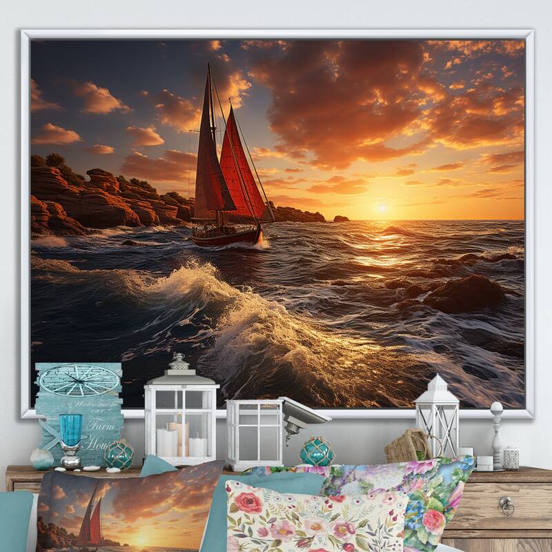 Designart "Spain Sunset Sail I" Nautical & Beach Framed Wall Art Prints - 32 in. wide x 24 in. high - White