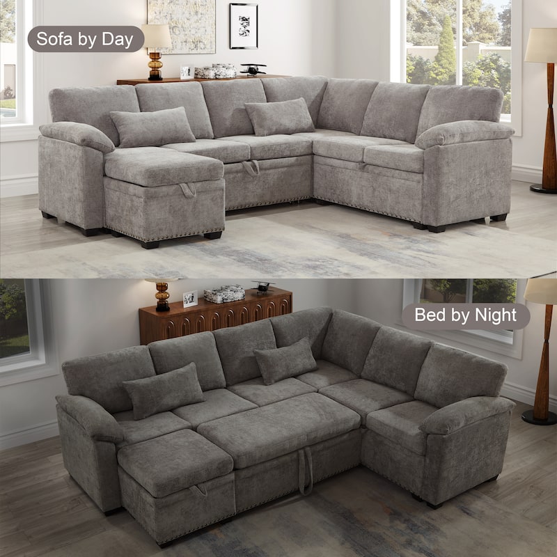 L-Shaped Chenille Sectional Sofa with Pull-Out Bed, Upholstered Convertible 7-Seater Sofa with Storage Ottoman & 2 Pillows