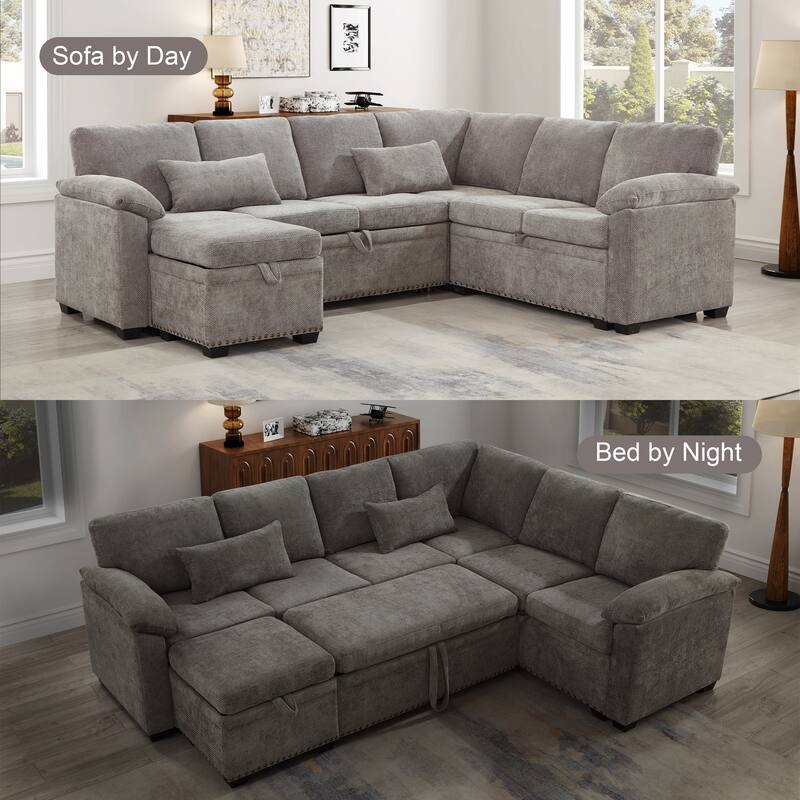 L-Shaped Corner Sectional Sofa with Seat and Storage Ottoman, Chenille Sofa Bed with 2 Pillows for Living Room Sleeper Couch