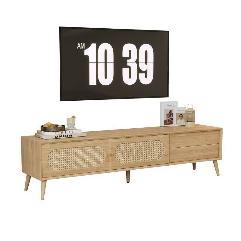 Boho Farmhouse Wicker TV Stand Media Console, for TVs up to 80" with 1 Drawer and 2 Spacious Cabinets, for Living Room