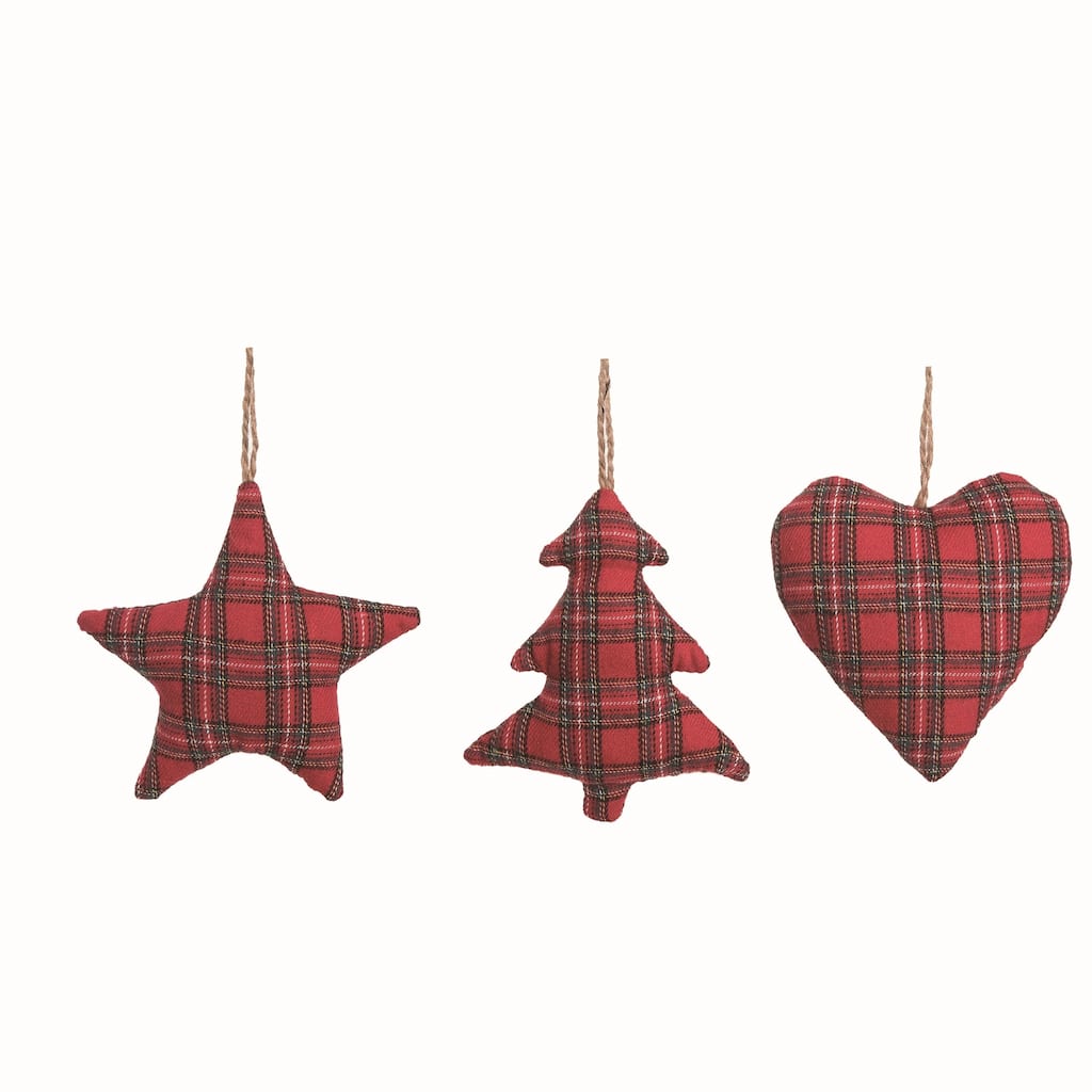 Transpac Fabric Plaid Heart/Tree/Star Ornament Set of 3 Christmas Home Decorations
