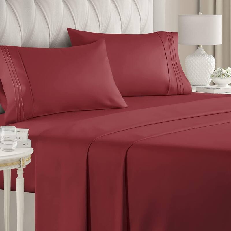 CGK Linens 4 Piece Solid Deep Pockets Microfiber, Easy-Fit Bed Sheet Set - Full - Burgundy