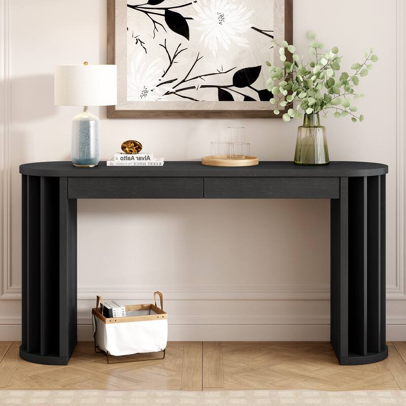 59 Inch Extra Long Entryway Sofa Table, Vintage OAK Veneer Console Table with 2 Storage Drawers and Fan Shaped Legs