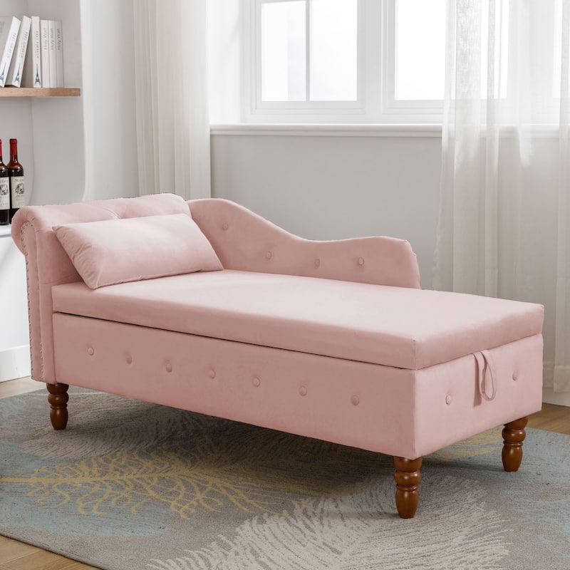 Kimberly Velvet Chaise Lounge with Storage and Pillow by GDFStudio - 58.26"L x27.9"W x 28.3"H