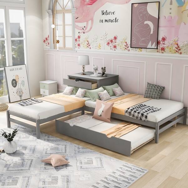 slide 2 of 27, Full Size L-shaped Platform Beds with Drawers Linked with Built-in Rectangle Table and Twin Size Trundle. Grey