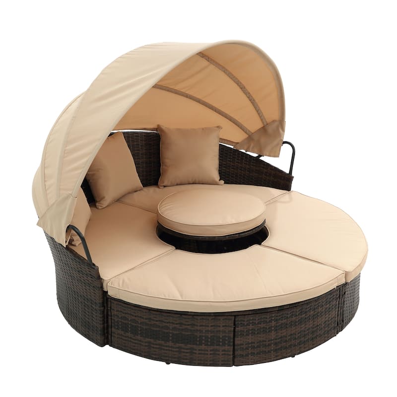 Rattan Outdoor Daybed with Adjustable Canopy, Convertible Clamshell Design, Wicker Sectional Sofa Set with Lift Coffee Table
