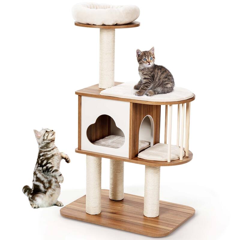 Costway 46" Modern Wooden Cat Tree with Platform & Washable Cushions - See Details - Brown