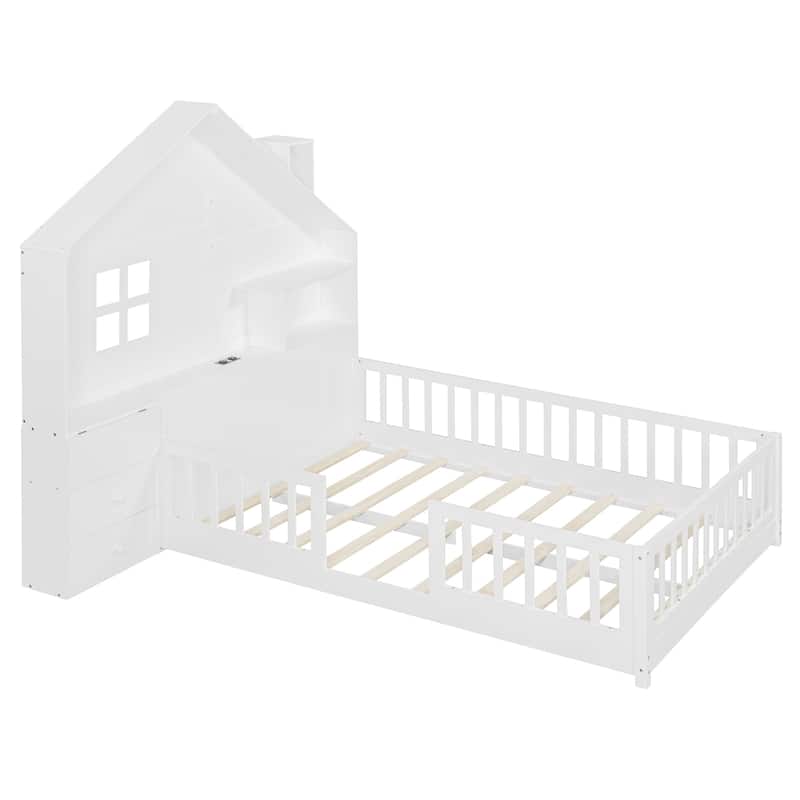 Roomfitters Twin/Full Size House Bed with Shelves, USB Port, Window Design and Side Compartments, White