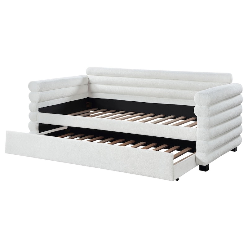 Ricia Twin Daybed with Trundle, Layered Bolster Design, White Boucle