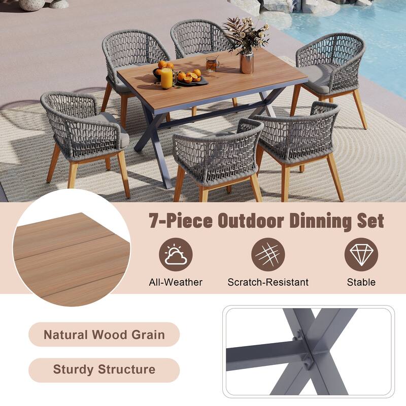 Outdoor 7-Piece Dining Chair with Rope-woven Backrest and Table Set