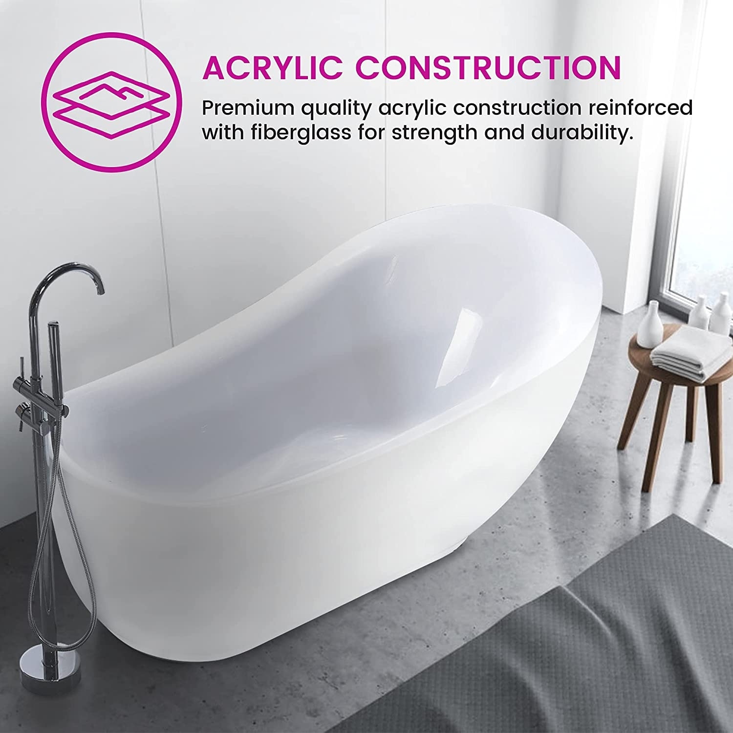 Vanity Art 71-Inch Freestanding Acrylic Bathtub – Modern White Soaking Tub With Chrome Overflow, Pop-Up Drain, And Leveling Legs