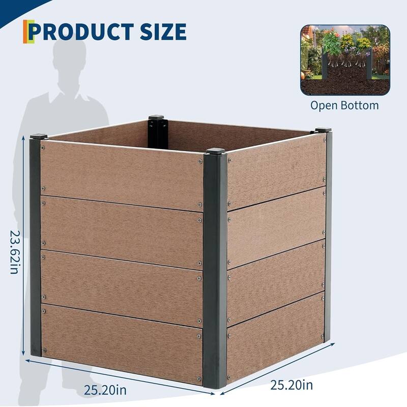 25x25x23Inch Elevated Garden Bed with Deep Root Box - Wood Look Planter for Patio Vegetables and Herbs Without Bottom