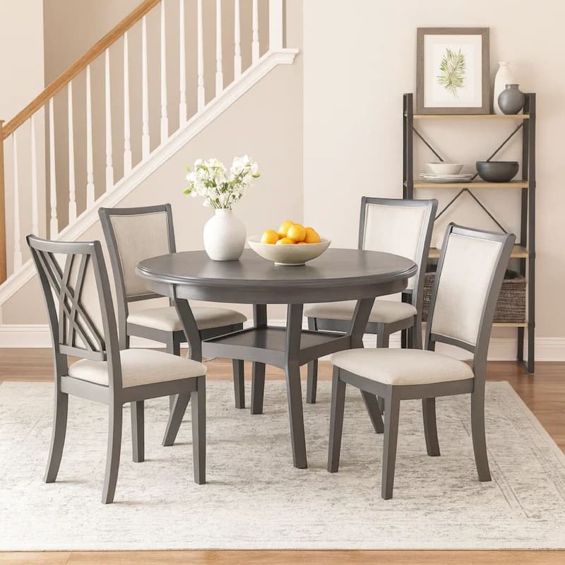 Isla 5 Piece Dining Table Set, Diamond Pattern, 4 Crossback Chairs, Gray