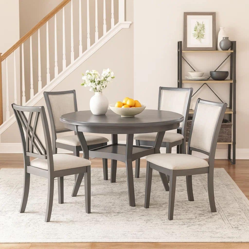 Isla 5 Piece Dining Table Set, Diamond Pattern, 4 Crossback Chairs, Gray