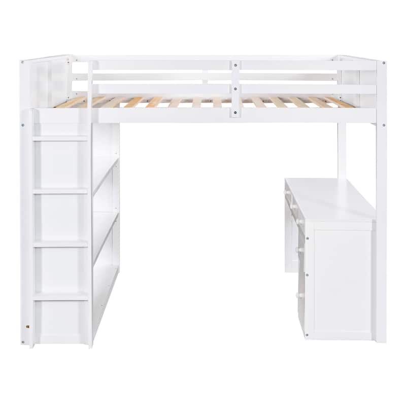 Full Size Loft Bed with Desk, Shelves and Drawers, Space-Saving Multi-Functional Bed Frame with Guardrails and Ladder
