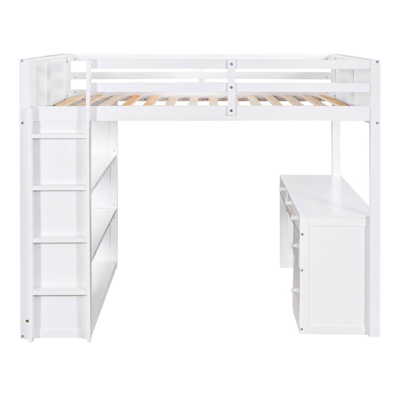 Full Size Loft Bed with Ladder, Shelves, and Desk, Gray