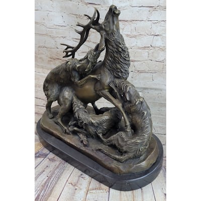 Elk Reindeer Attacked By Hunting Dogs Bronze Statue Sculpture Figure Barye 14 Inches X 16 Inches