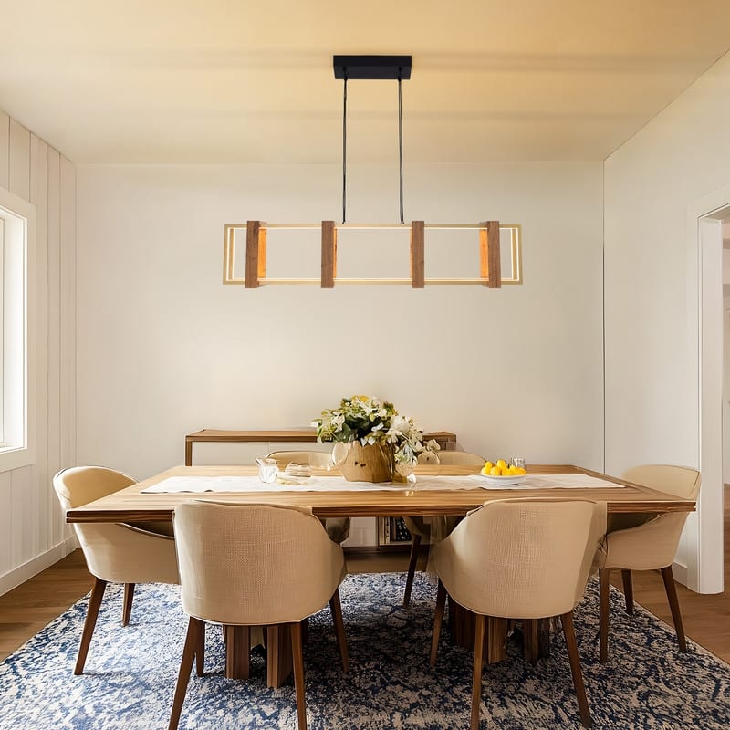 40 in. LED Rectangular Wood Chandelier, Modern Pendant Light Fixture, Dimmable Kitchen Chandeliers for Dinning Room