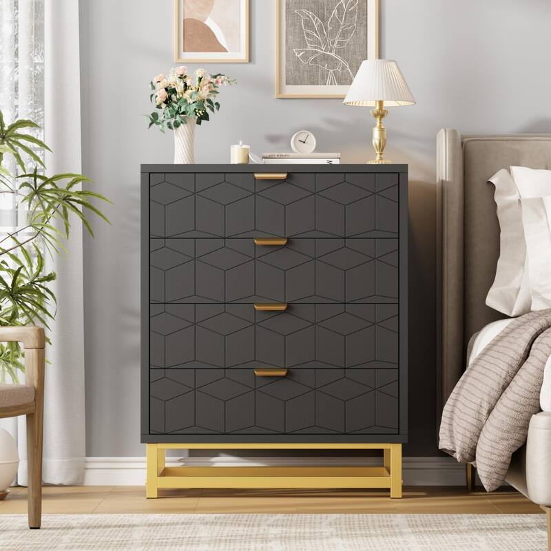 4 Drawer Dresser for Bedroom, Modern Wooden Chest of Drawers with Gold Handles