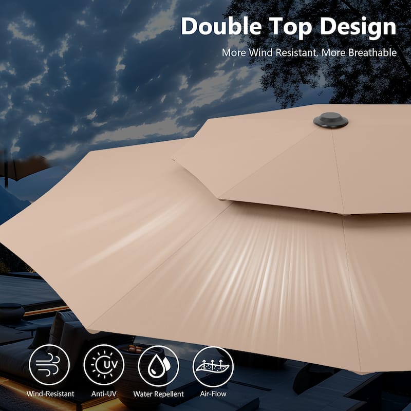 MAISON ARTS 13ft Double-Sided Outdoor Umbrella, 2-Tier Vented Market Umbrella with Colored Lights and Base