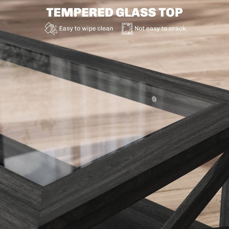 Coffee Table with Tempered Glass Top and Storage Shelf Modern Living Room Furniture - 39.25'' L x 21.75'' W x 17.75'' H