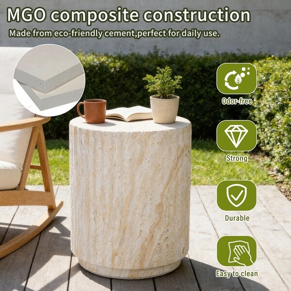 Outdoor Side Table, Cylinder Shaped MgO Patio End Table