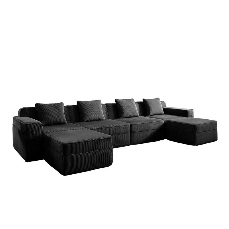 GDFStudio - Corduroy Modular 4-Seater 153.5" U-Shaped Boneless Cloud Sofa with 2 Ottomans