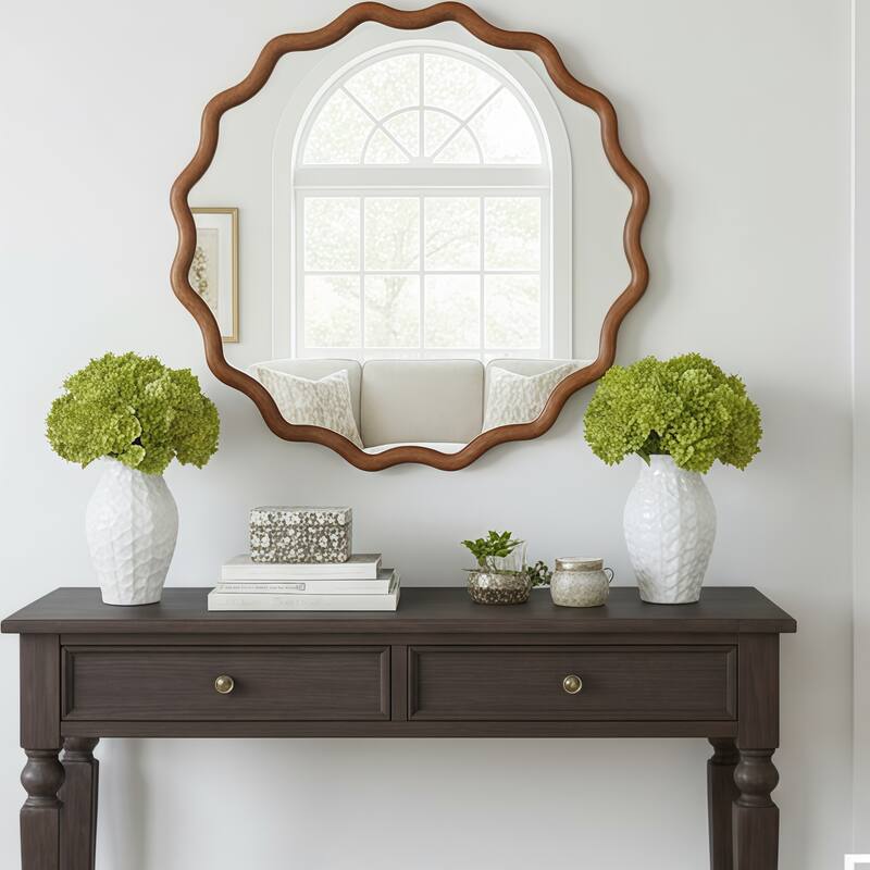 30 inch Wavy Round Solid Wood Frame Decorative Mirror,For Bedroom, Bathroom, Living Room, Entryway