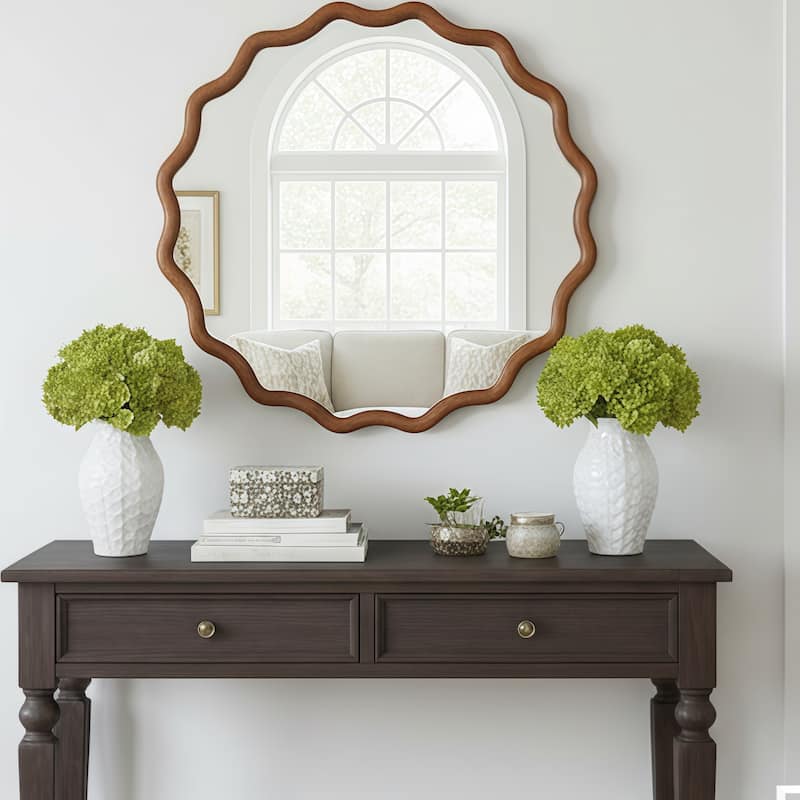 Wavy Round Solid Wood Frame Decorative Mirror - Antique Brown