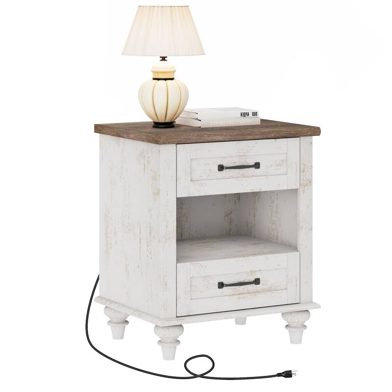 Farmhouse Nightstand Bedside Table, Wood 2-Drawer Side Table